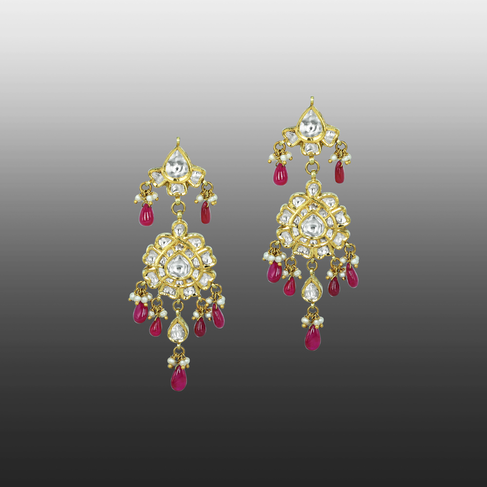 Polki Earrings with Floral Motifs, Ruby Drops, and Pearls